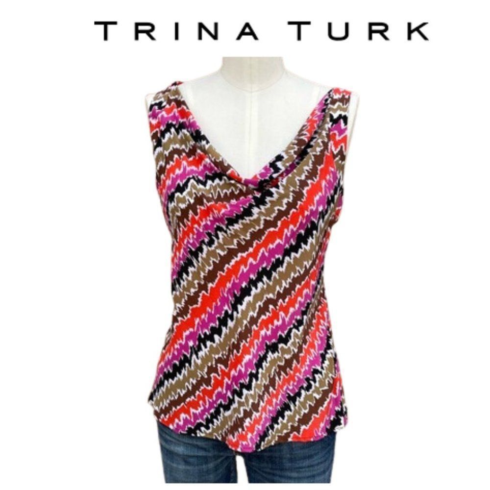 Trina Turk 100% Silk Luxury Abstract Zig Zag Print Sleeveless Blouse